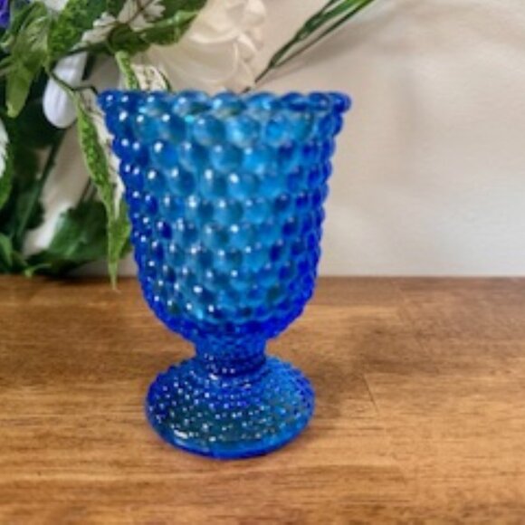 Vintage Blue Hobnail Glass Goblet Cobalt Textured Pressed Glass Stemware Barware - Picture 4 of 7